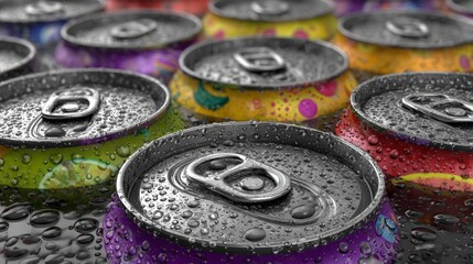 Closeup View Of Colorful Soda Cans With Water Droplets