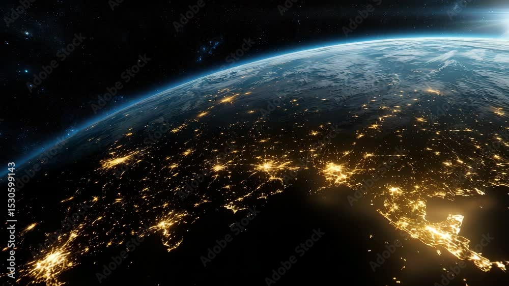 Poster earth viewed from space with illuminated city lights highlighting populated areas beneath a glowing 