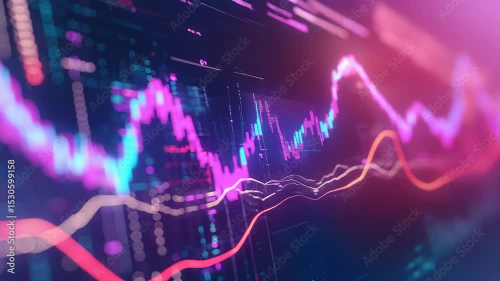 Poster colorful digital graph lines and data points illustrate dynamic stock market trends on a futuristic 