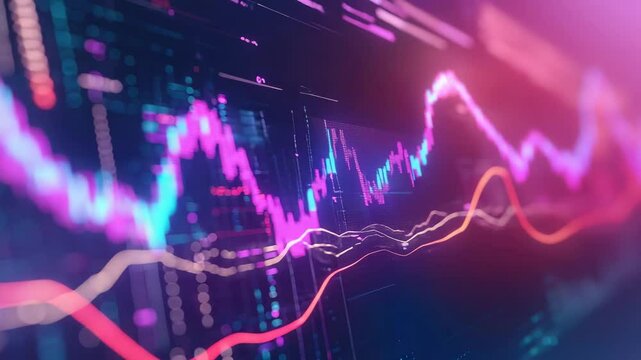 Colorful digital graph lines and data points illustrate dynamic stock market trends on a futuristic screen. - Powered by Adobe