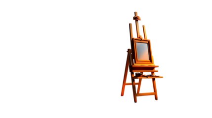 Wooden artist easel with blank canvas, sun rays casting shadows isolated on transparent background