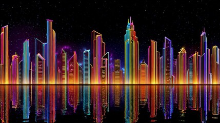 Colorful Neon Cityscape At Night With Reflections
