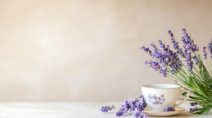 Delicate teacup with lavender sprigs creates serene atmosphere, perfect for relaxation and enjoyment