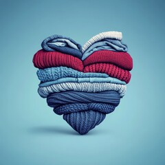 Heart Shaped Stack of Folded Sweaters on a Light Blue Background