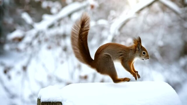 Red squirrel leaping over snow-covered wooden fence