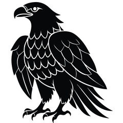 Regal black eagle with stylized feathers is shown standing tall and proud