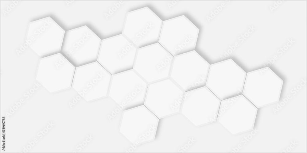 Poster white hexagonal tiles arranged in a cluster pattern light gray surface creating modern design.
