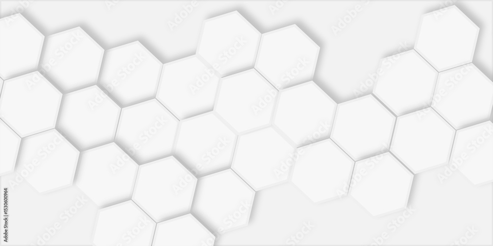 Poster white hexagonal tiles arranged in a cluster pattern light gray surface creating modern design.