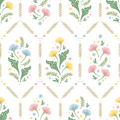 Vintage floral sweet and charming cottagecore seamless pattern repeatable for print background fabric textile cards backdrop in folk art decorative illustration style