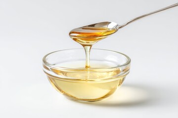 Honey pours from spoon into small glass bowl