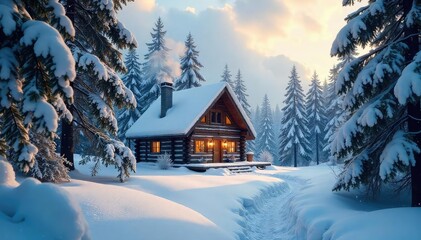 Naklejka premium A cozy cabin nestled deep within a snowy forest, completely obscured by a blanket of freshly fallen snow, its chimney emitting a plume of inviting smoke , evergreen, branches, fir
