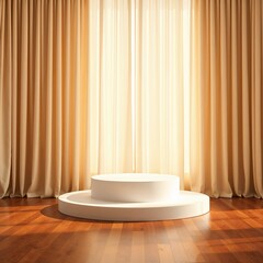 Floating white podium over a sunken marble interior fountain with mirror reflections