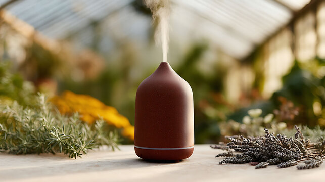 Modern aroma diffuser releasing fragrant mist in a serene garden setting. Evokes wellness, relaxation, and natural therapy. Great for spa or home concepts.