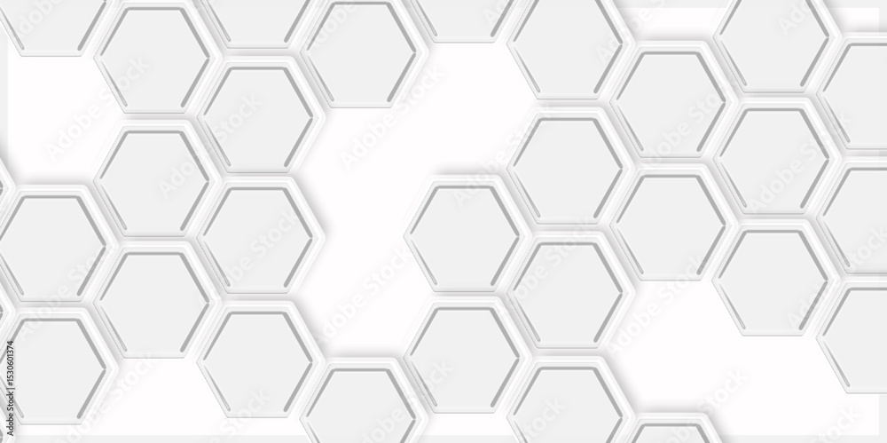 Poster white hexagonal tiles arranged in a cluster pattern light gray surface creating modern design.