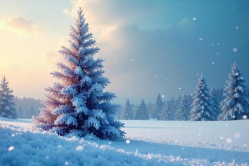 A frosted Christmas tree stands stark against a winter landscape, its branches heavy with ice crystals and snow  The scene evokes a feeling of serene, icy beauty ,  peaceful,  outdoors,  fir