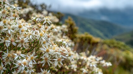 Closeup Of White Flowers On Mountainside