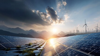 Panoramic View Of Solar Panels At Sunset With Wind Turbines And Cityscape