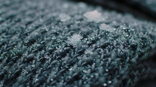 Close-up Snowfall on Dark Wool Scarf in Slow Motion, Macro Shot with Shallow Depth of Field, Natural Light, Winter Texture Background