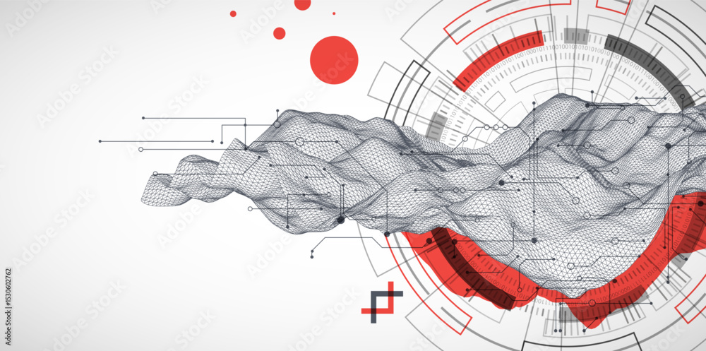 Fototapete Abstract data background with wireframe wave and circuit lines. Technology concept. Vector
