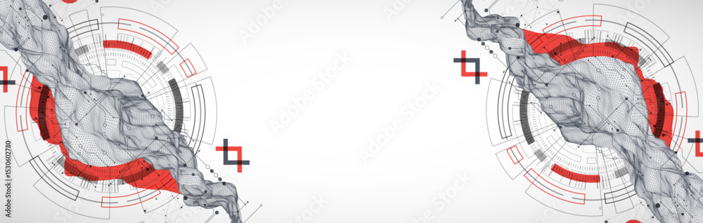 Leinwandbilder Abstract data background with wireframe wave and circuit lines. Technology concept. Vector