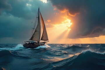 A lone sailboat navigates a stormy sea under a dramatic sky, embodying the spirit of daring exploration and the thrill of the unknown , challenge, blue, exploration