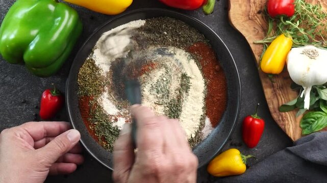 Making a vibrant Cajun Spice Blend, mixing red paprika, cayenne pepper, oregano, thyme, white garlic onion powder and black pepper in a bowl, creating a striking contrast against a black background.