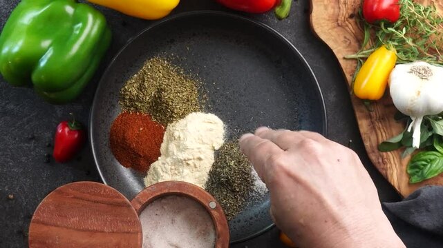 Making a vibrant Cajun Spice Blend, mixing red paprika, cayenne pepper, oregano, thyme, white garlic onion powder and black pepper in a bowl, creating a striking contrast against a black background.