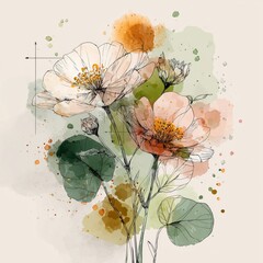 Botanical line art. Stylized floral illustration with soft colors and delicate outlines.