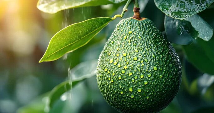 Close-up of a ripe avocado on a tree branch with water drops, fresh and ready to harvest.