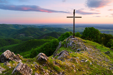 View from Vysoka, the third highest peak of the Little Carpathians, during a spring sunset