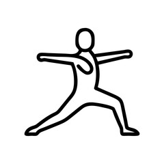 Line drawing of a person practicing yoga in warrior pose  