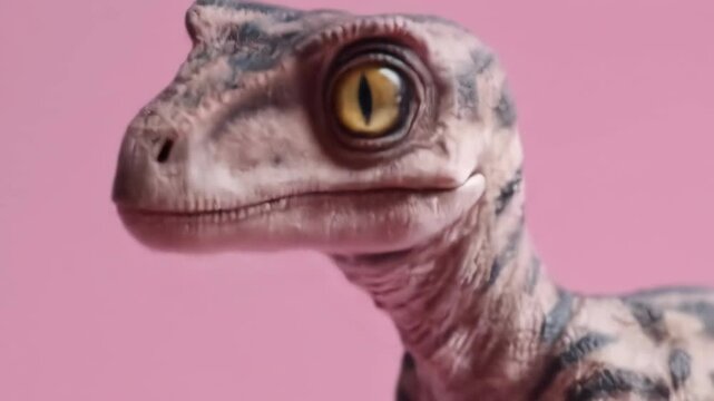 A young dinosaur stares intently Its blue gray patterned skin contrasts with the vibrant pink background A curious and captivating animal portrait