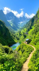 Naklejka premium Hiking trail, alpine lake, mountain valley, summer, Switzerland