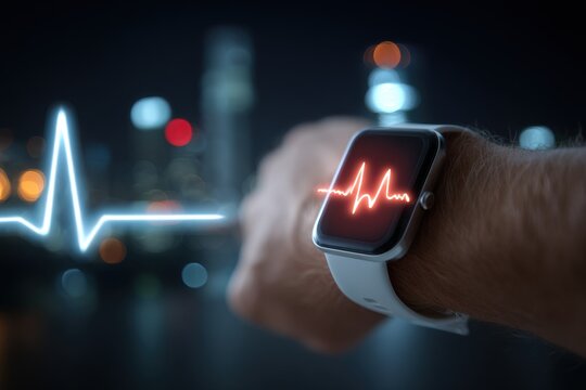 Close-up of a smartwatch displaying a heart rate graph on a wrist, with a blurred city skyline in the background at night, showing health technology integration. - Powered by Adobe