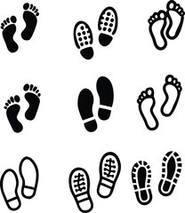Shoe and bare foot print icon vector set. isolated on white background.