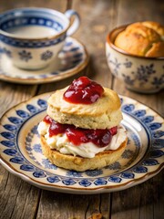 Warm freshly baked scone with clotted cream and strawberry jam on a vintage china plate