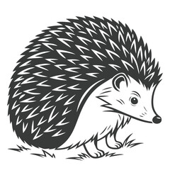 Stylized black and white hedgehog prances through the grass while facing the right side