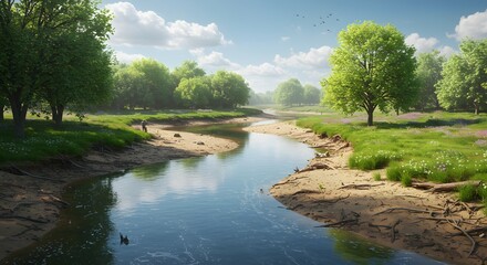 Fototapeta premium Serene Summer Landscape River Winding Through Lush Green Meadow Under Blue Sky with Fluffy Clouds