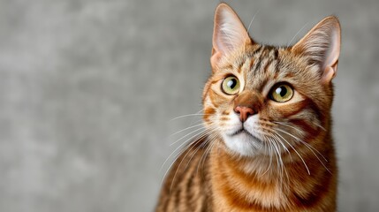 Obraz premium Domestic tabby cat with striking green eyes, gazing curiously at the camera, showcasing its beautiful fur patterns against a soft gray background, capturing a moment of feline charm and personality