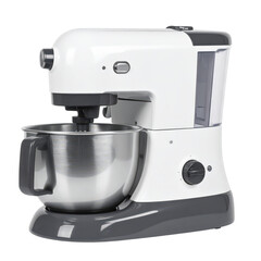 Modern white kitchen stand mixer with stainless steel mixing bowl and adjustable speed control for baking and cooking tasks