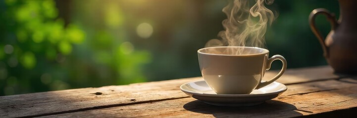 Fototapeta premium A steaming cup of tea cooling on a rustic wooden table, steam rising gently into the air Perfect for concepts of relaxation, warmth, and tranquility , stillness, repose, serenity