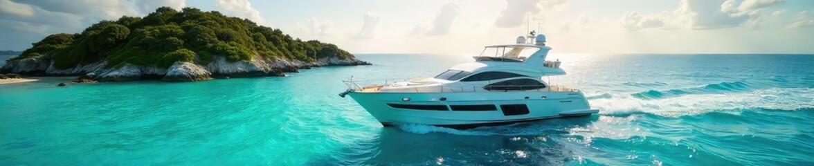 A sun-drenched yacht glides across turquoise waters, surrounded by lush islands under a vibrant summer sky  The epitome of lavish summer escapes , sky, paradise