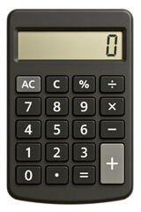 Simple black calculator with digital display showing zero on a transparent background