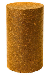 Brown cylindrical block of compressed organic material for gardening on a transparent background