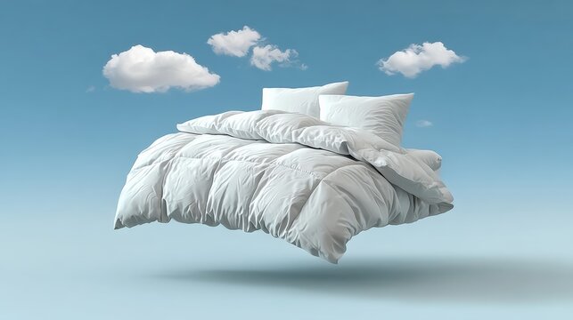 Soft white bedding set floating in a serene blue sky with fluffy clouds, creating a dreamy atmosphere, ideal for promoting comfort, relaxation, and tranquility in home decor and lifestyle imagery
