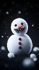 Menacing snowman, snowing, dark background, Halloween