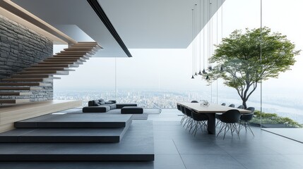 Fototapeta premium Modern interior design of a spacious open-plan living area with a panoramic view.