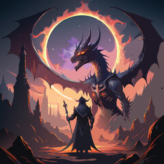  Brave Wizard Faces Majestic Dragon Under Ethereal Ring in Dark Mystical Landscape © shanto