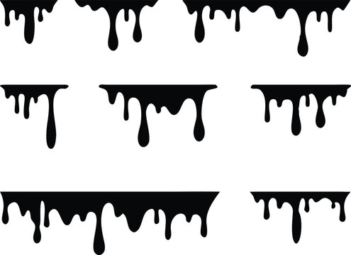Black melt drips or liquid paint drops. Dripping liquid. Paint flows. Current paint, stains. Current drops. Current inks. Vector illustration. isolated on white background