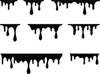 Black melt drips or liquid paint drops. Dripping liquid. Paint flows. Current paint, stains. Current drops. Current inks. Vector illustration. isolated on white background